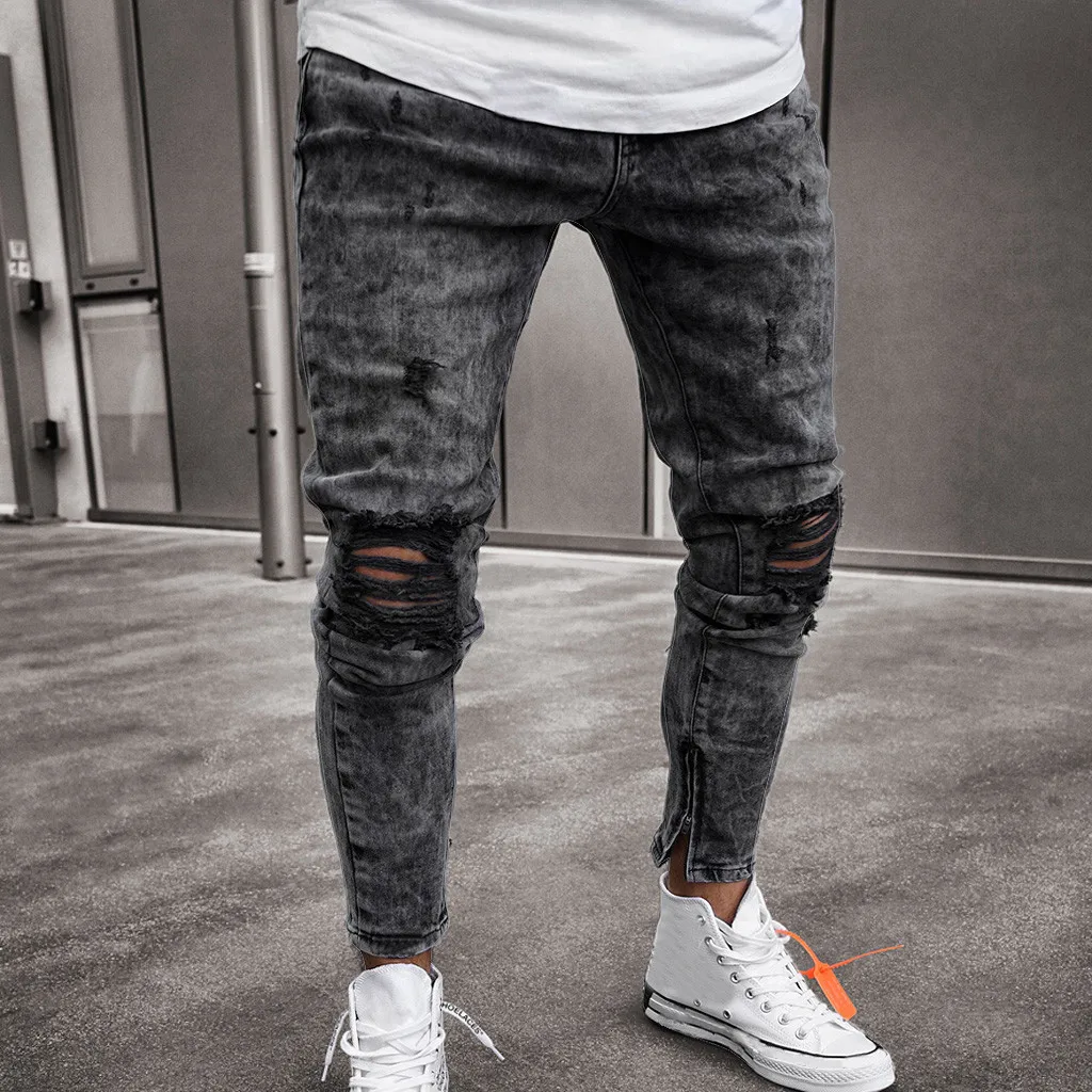 

feitong Cotton Jeans Men Spring 2019 MenClothes Denim Pants Distressed Freyed Slim Fit Casual Trousers Stretch Ripped Jeans