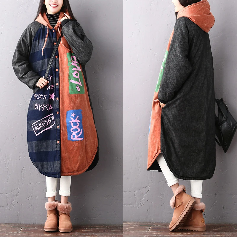 

2018 female new winter plus size casual letter wild hooded outerwear windprof warm long cotton section denim cotton loose coat