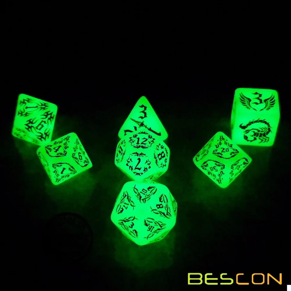 BESCON DARK ELVES Glowing Dice Set (7 piece), Oversized GLOW IN DARK Carved Role Playing Games RPG Dice Set 3