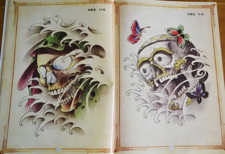Китайский стиль тату флэш Книга Эскиз 11 &quotПризрак Череп кои Кот Цветок Кирин|chinese