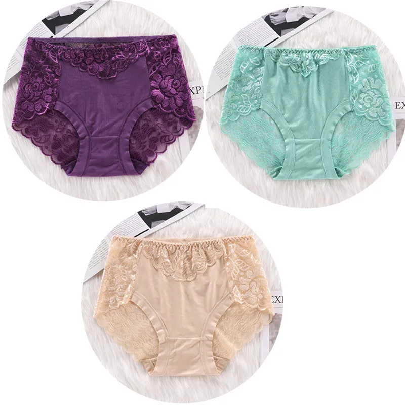 beige purple green 3 шт./партия, сексуальное кружевное нижнее белье с бантом, Модальная промежность, женское нижнее белье, дышащие Трусы-стринги, прозрачные трусики HP11 - Цвет: beige purple green