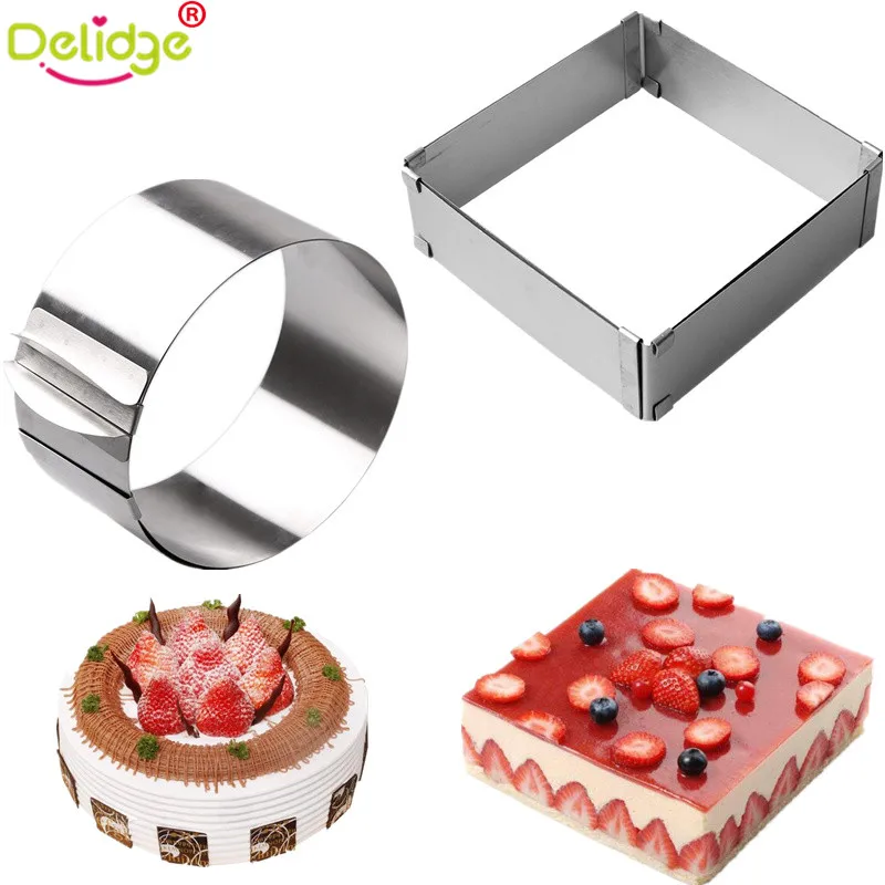 

Delidge 2 pc/set Adjustable Cake Mold Stainless Steel Round & Square Shape Cake Mousse Ring DIY Chocolates Bread Mold