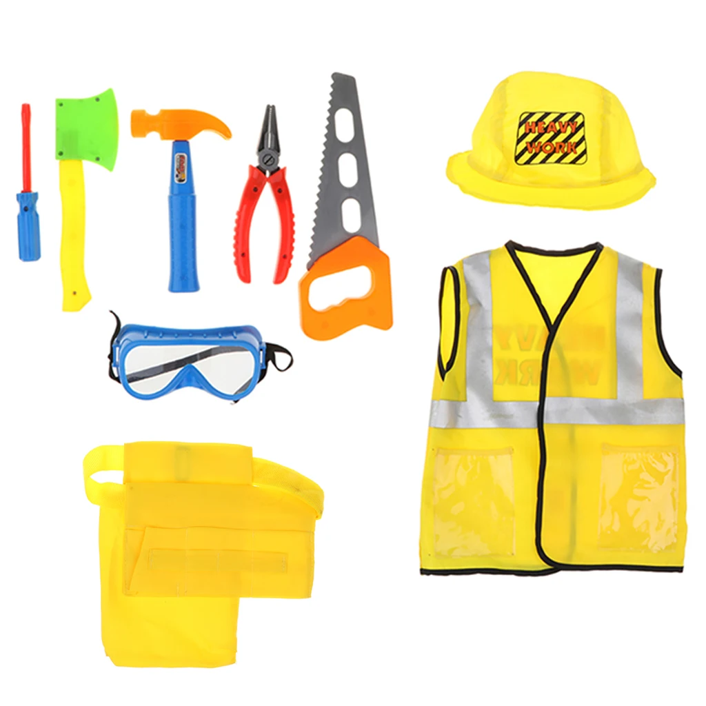Kid Construction Worker Role Play Costume Tools Kits Fancy Dress 9 Pieces