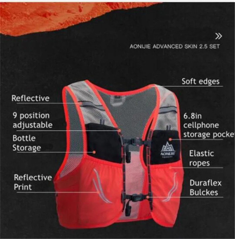 AONIJIE 2.5L Running Vest Lightweight Backpack Breathable Cycling Marathon  Portable Ultralight Hiking Sport 500ML Soft Flask
