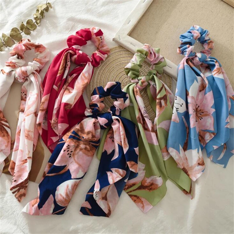

Women Girls Flower Fairy Ribbon tie Hair Gum Hair Accessories Elastic Hair band Boho Women Popular Headwear Ponytail Holder
