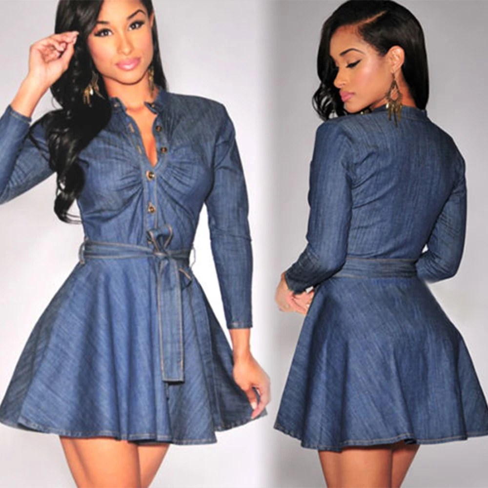 long sleeve denim wrap dress