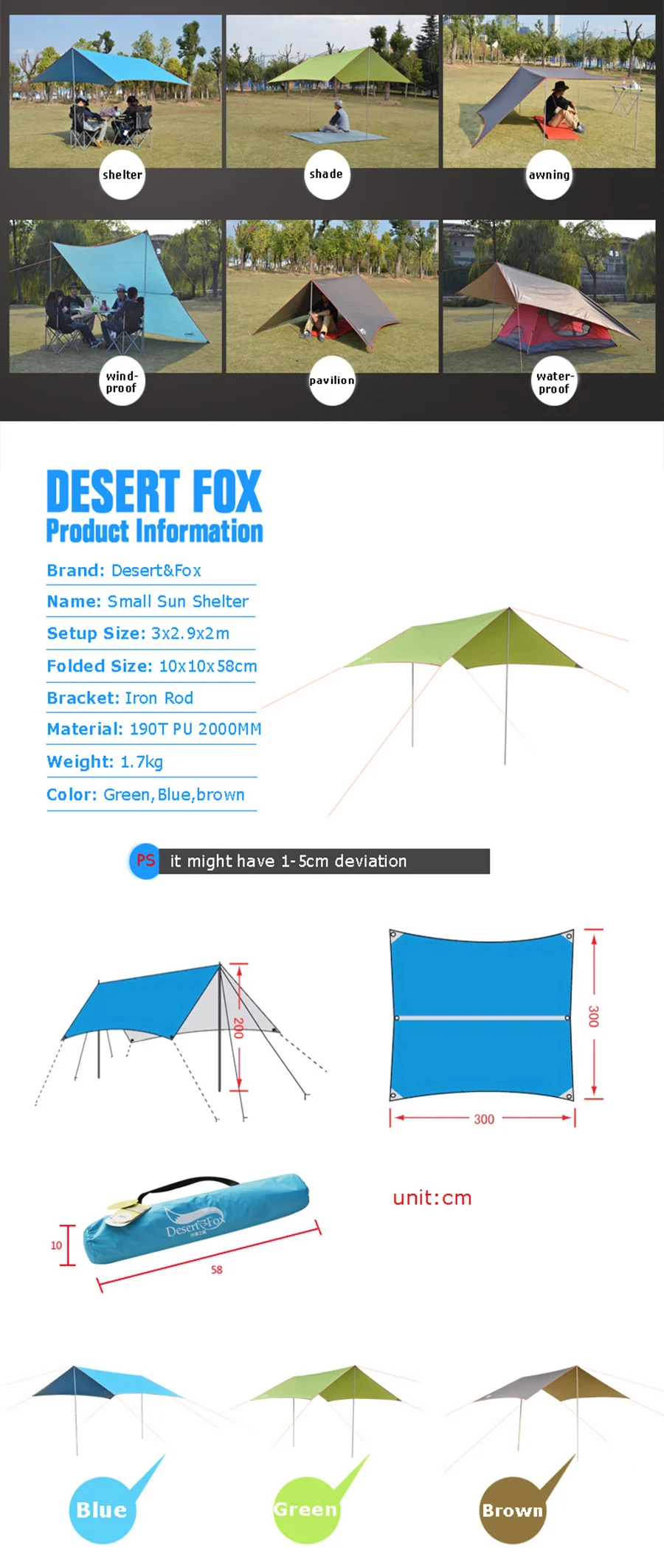 Água de Ferro Lançar ao ar Deserto & Fox Camping Abrigo Sol Cortina 2 3 Livre 2.9 m à Prova d' Haste Praia Tenda Sombra Viajar Sol Proteção Pergola 3 Cheap Barraca de sol