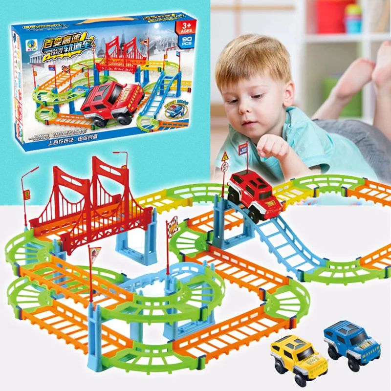 

90PS DIY 3D Railway Road Track Toys DIY Electric Speed Car Train Model Assembly Racing Rail Tracks Car Toy