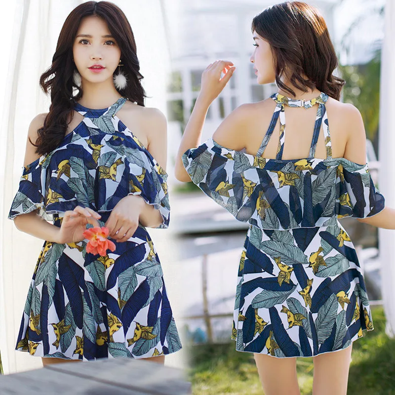 High Neck Swimwear For Women Print Leaf Beach Dress Swimsuit Femme Push Up Swim Wear Ladies May Sexy Bathing Suit Padded