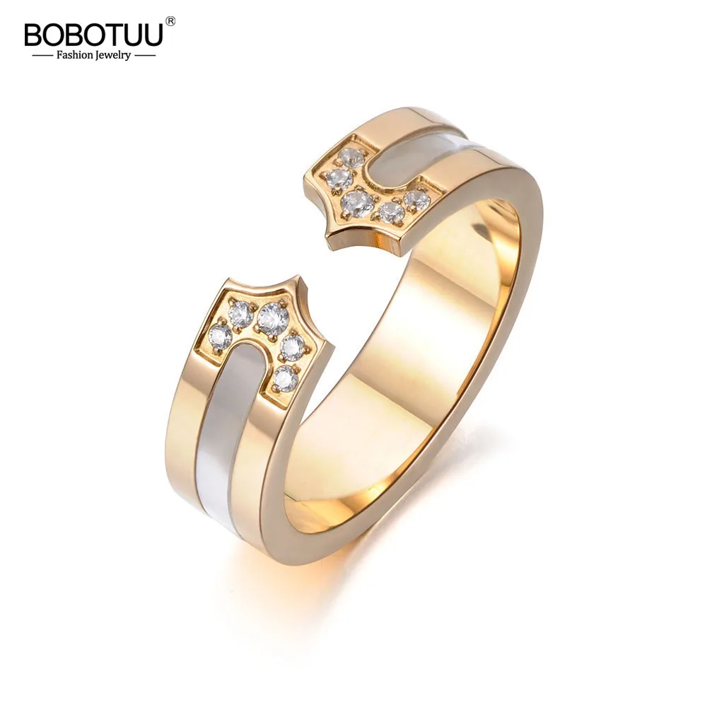 

BOBOTUU Classic Rose Gold Cubic Zirconia Shell Ring Jewelry Stainless Steel Engagement Wedding Rings For Women Anneau BR18024