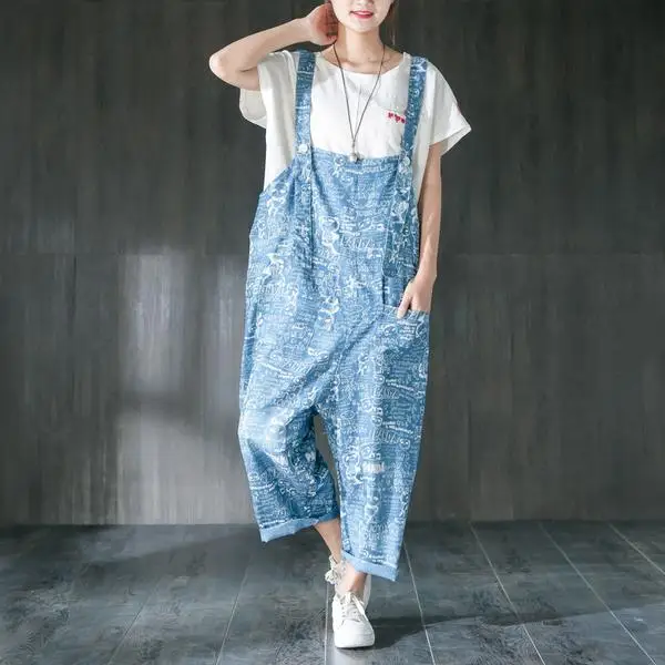 Buykud Cartoon Print Denim Jumpsuit Romper Women Summer Casual Loose Overall Holiday Ankle Length Wide Leg Pants Female Dungaree (3)