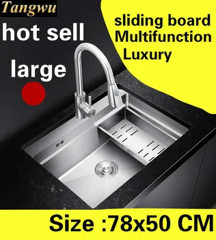 Best Free Shipping Apartment Kitchen Manual Sink Single Trough Sliding Board 304 Stainless Steel Luxury Hot Sell Large 78x50 CM