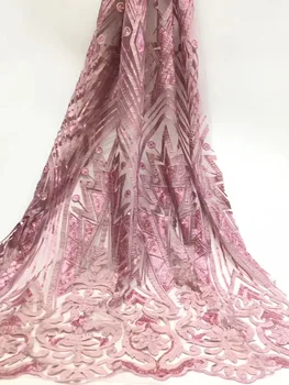 

African French Peach Pink Sequins Lace Fabric,High Quality African Tulle Lace Fabric with Sequins For Wedding Party Dresses