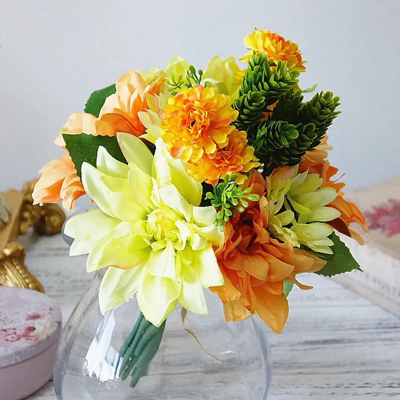 Flone Artificial Dahlias Flower Daisy Bouquet Silk Flower Bride Bridesmaid Holding Flowers Home Wedding Party Garden Decoration (12)