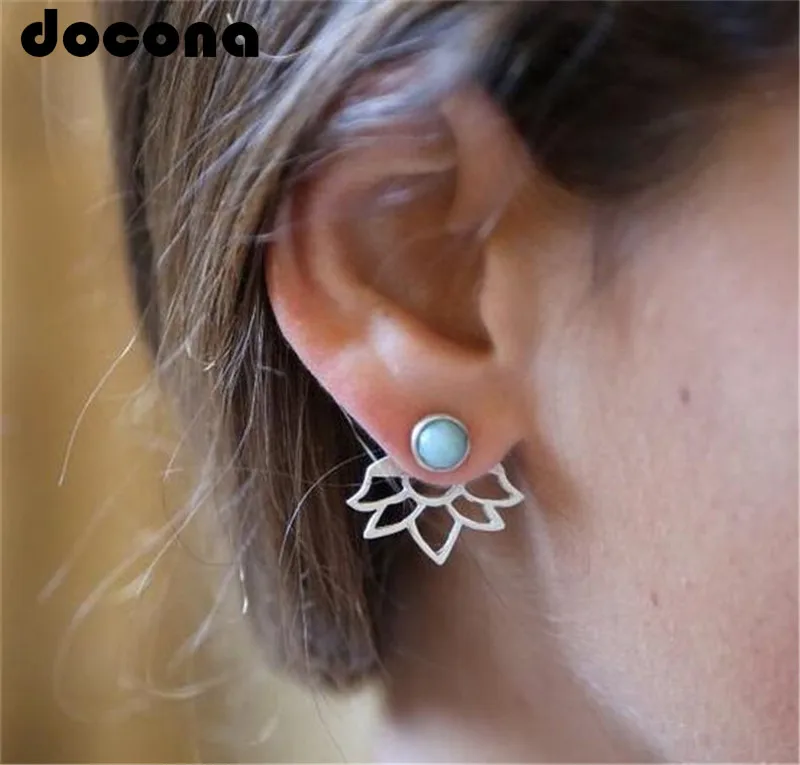 

Docona Trendy natural stone earrings Gold Silver Color Alloy Spike Earrings Ear Jacket Clip Stud Earrings for Women 5172