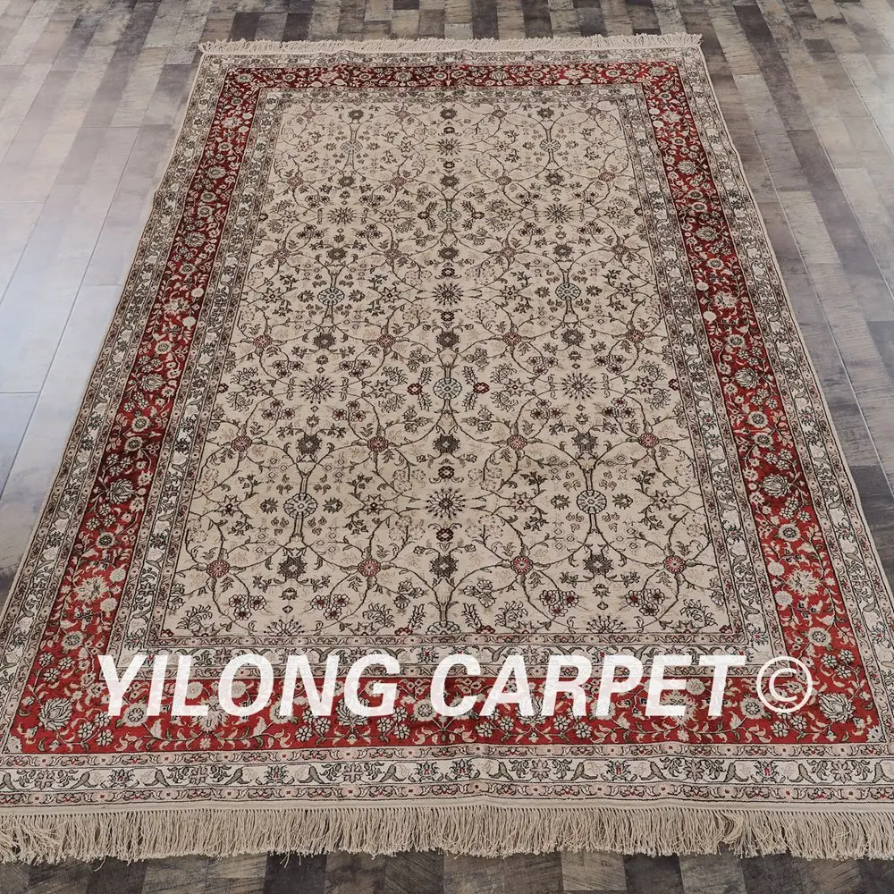 YILONG 6'x9' Тебриз ковер бежевый vantage Изысканный Классический ручной работы шелковый ковер с восточным рисунком(YHW436B6x9