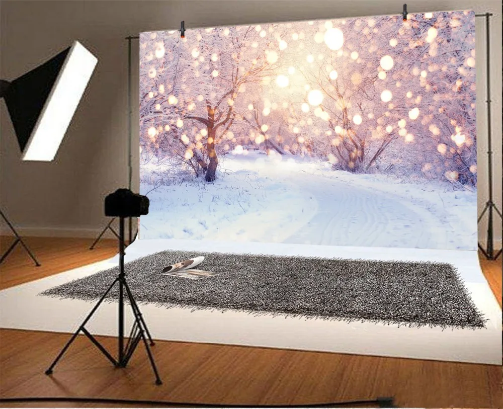 Laeacco Winter Snow Park Trees Light Bokeh New Year Photography Backgrounds Customized Photographic Backdrops For Photo Studio