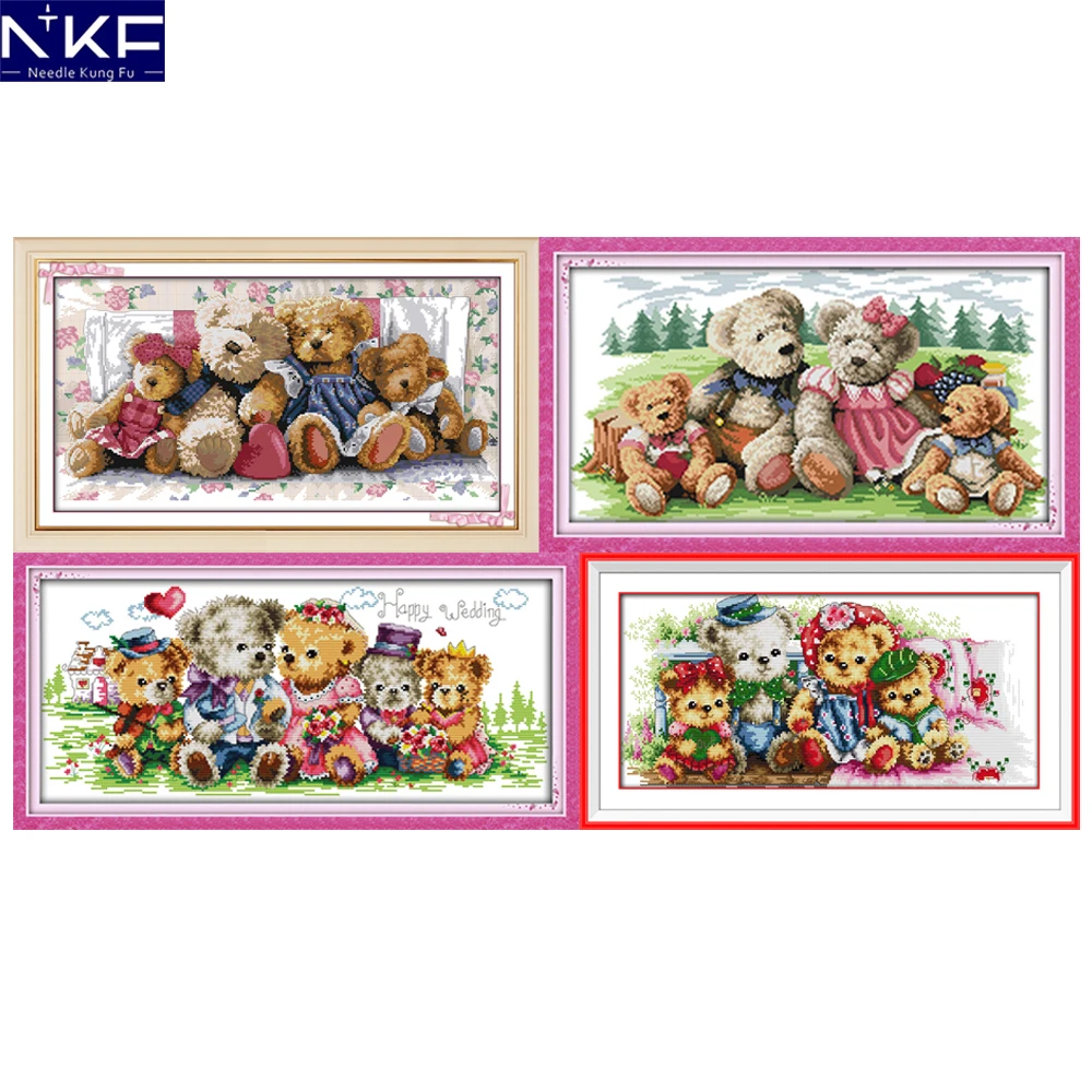 

NKF Bear Family Counted Cross Stitch Embroidery Sets 11CT 14CT DIY Kit Needlework Cartoon Cross Stitch Pattern for Kids