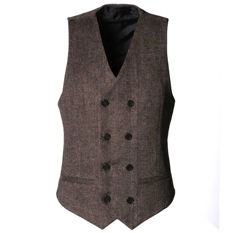 Spring Autumn Man's Vest Woolen Double Breasted Vintage Waistcoat Men Suit Vest Dress Formal Wedding Vest Male Clothing