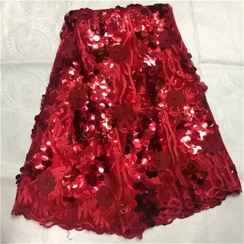 

New Design Red Color French Nigerian Laces Fabric High Quality 3D Sequins Lace Fabric African Sequins Tulle Lace Fabric 5 Yards