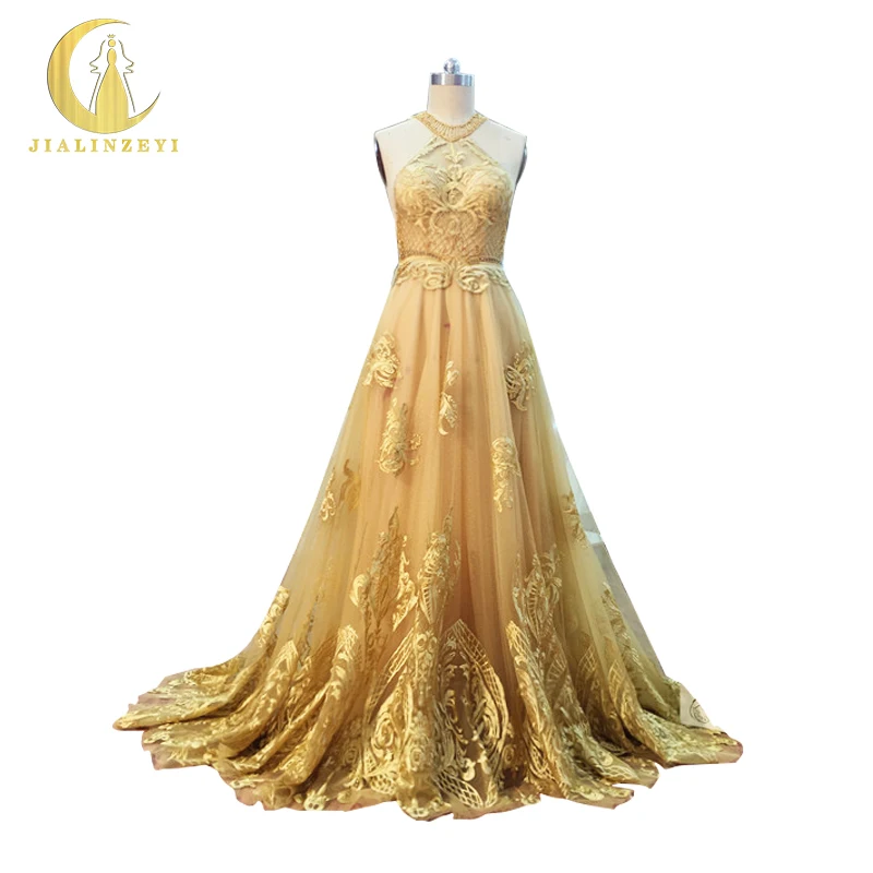 

JIALINZEYI New Sexy Halter Gold Lace Embroidery See Through A-line Backlless Formal Dresses Party Evening Dresses 2019