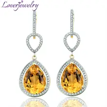 Серьги-капли из желтого золота 14 к с натуральными бриллиантами и натуральным цитрином для девушек, вечерние ювелирные изделия, Женские Висячие серьги на годовщину