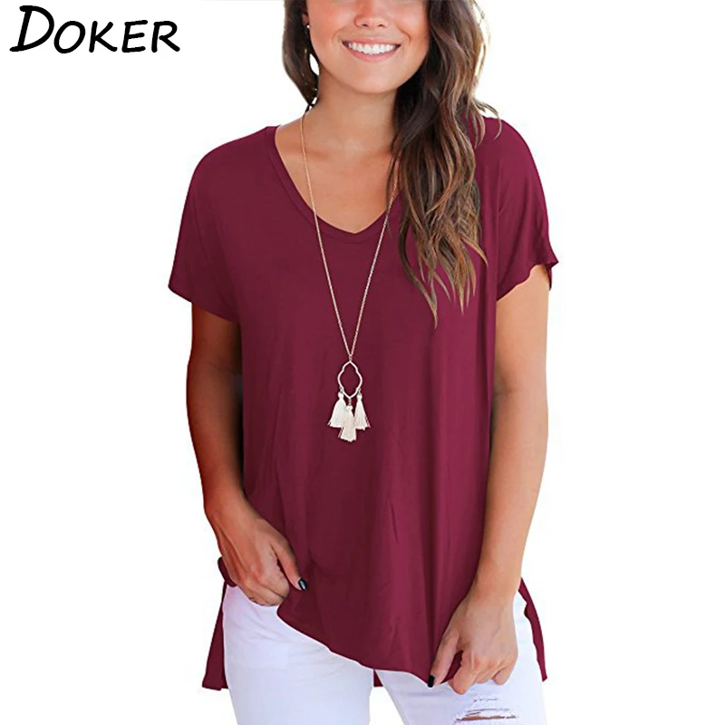 

2019 Summer New Plus Size Loose Short Sleeve T Shirt Women Casual V-neck Hem Split Tops Women Casual Coton T-shirt 10 Colors
