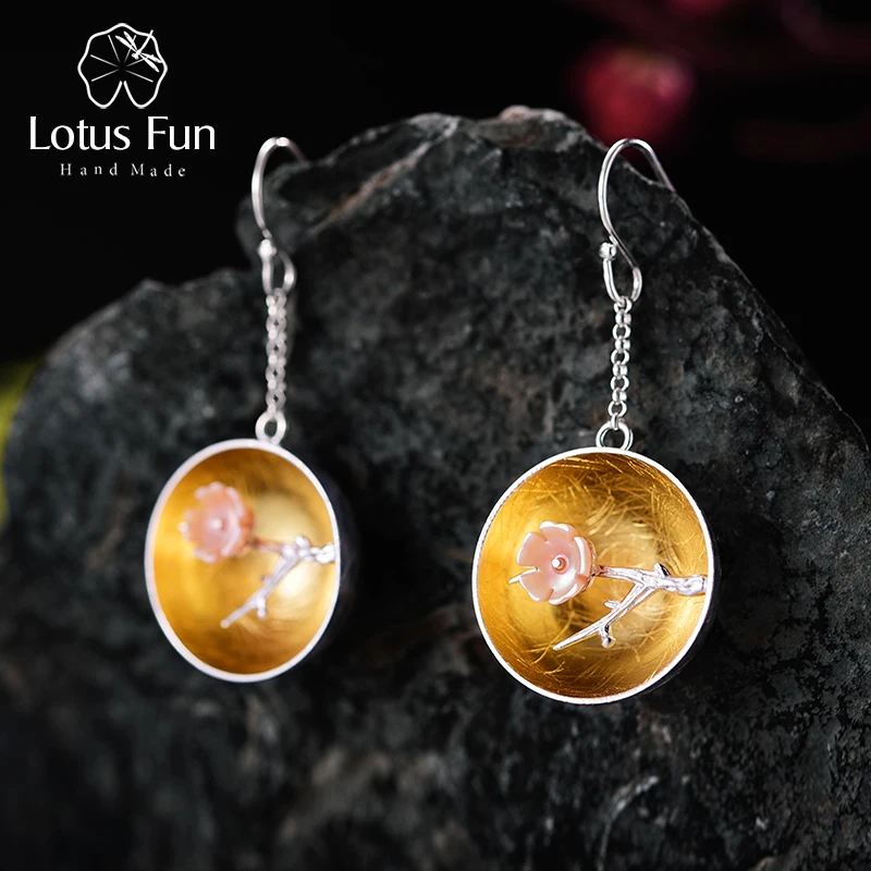 

Lotus Fun Solid 925 Sterling Silver Earrings for Women Semi-round Plum Blossom Flower Drop Earring long earings fashion jewelry