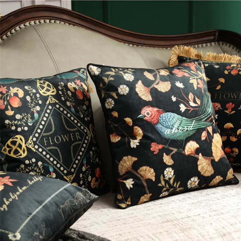 Elegant Retro Flowers Birds Pillow Cushion Cover Throw Decorative Pillows Tassel Cojines Decorativos Para Sofa Coussin Cushions