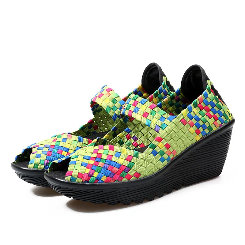 BeckyWalk/летние женские босоножки на платформе; женская обувь с открытым носком; плетеная пластиковая обувь на танкетке; женские босоножки ручной работы с вырезами; WSH2899 - Цвет: Зеленый