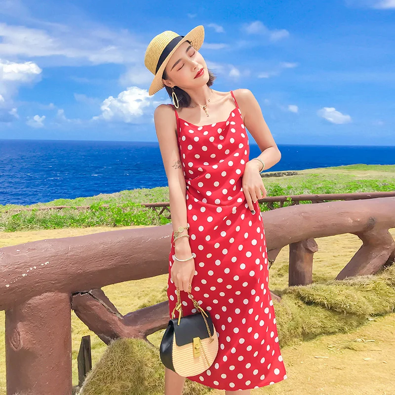 

Summer Sexy Beach Midi Dress2019 Women's Fashion Dot Slim Sleeveless Sling V-neck Vintage Dress Boho Club Party Dresses Vestidos