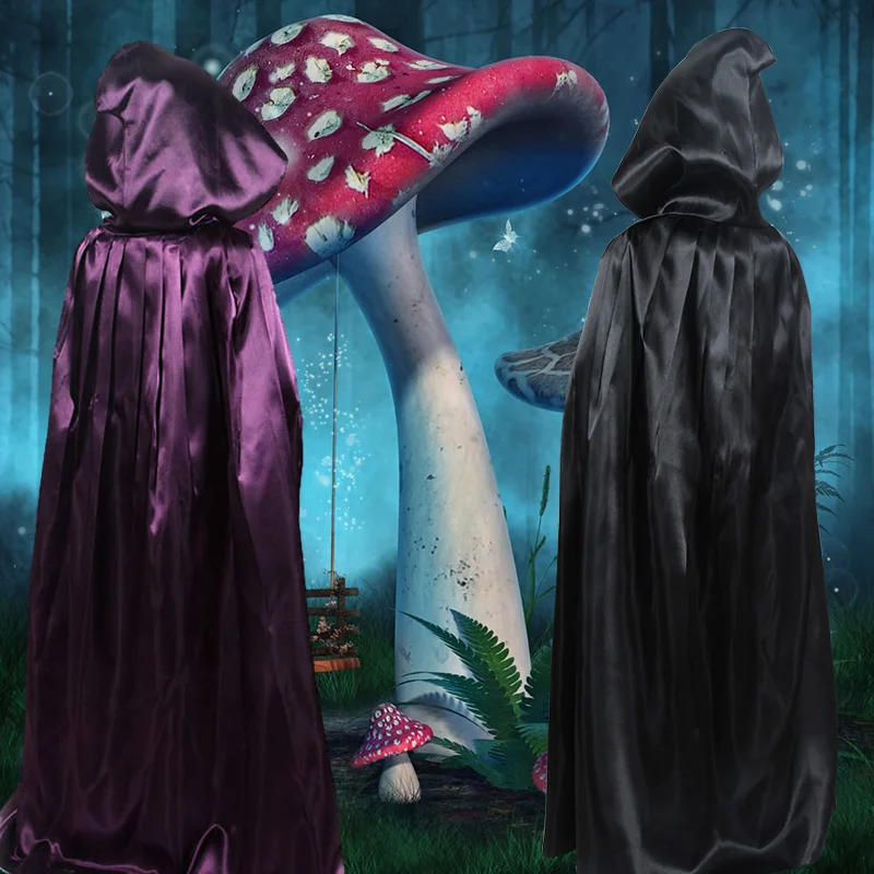 Children boy girl Halloween cosplay satin red purple black witch cape death hoody cape cloack.with hat  60cm  80cm 100cm for kid
