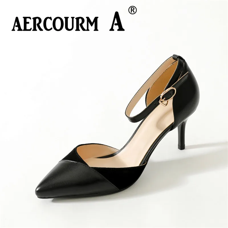 

Aercourm A 2018 New Spring Women Sheepskin+Cowhide Shoes Girls Black Beige Dress Solid Shoes Square Heel Women High Pumps FD1316
