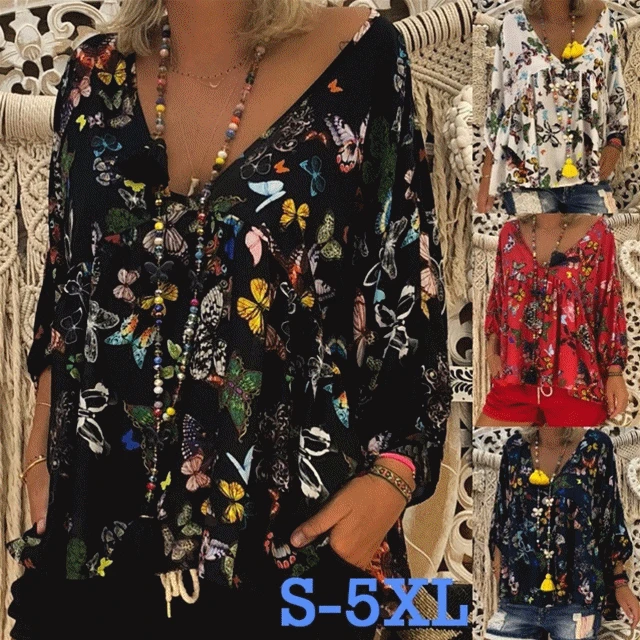 Plus Size 5XL Women Long Sleeve Shirt Autumn Butterfly Print Tee V-neck Casual Tops Cotton Blend |