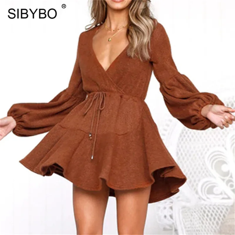 

Sibybo Deep V-Neck A-Line Sexy Bodycon Dress Autumn Winter Puff Sleeve Loose Mini Dresses Woman Pleated Cotton Party Dress Women