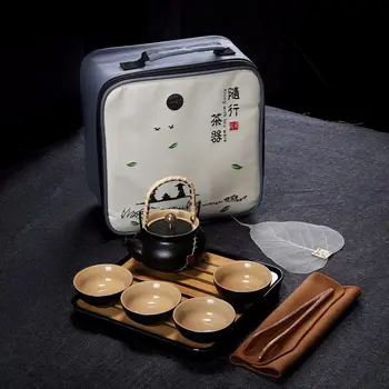 

[1 Teapot + 4 Cups] Outdoor Travel Portable Chinese Kung Fu Tea Set Tea accessorie Japanese Ceramic Teapot tea cup with Tea Tray
