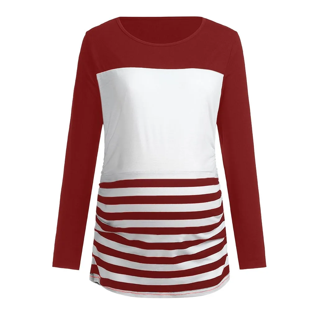 SAGACE/полосатые топы с длинными рукавами и принтом для беременных; блузка для беременных; повседневная одежда для женщин; женская Свободная одежда; футболка - Цвет: Красный