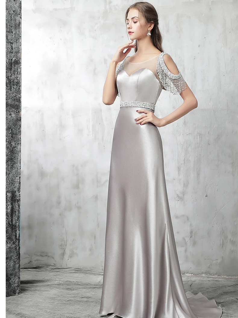 

Beading cap sleeves evening dress silver grey Evening gown elegant prom dress crystal beaded belt formal dress vestido de noiva