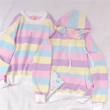 

Korean Women's Color of Macaron Pullover Rainbow Stripe Hoodies Teen Girl Students Cotton Sweatshirts Small Fresh Hooded Tops