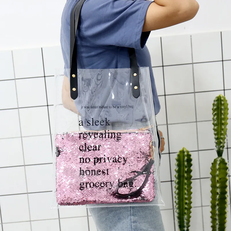 

Summer transparent big bag women's 2018 new style fashionable fashionable letter Korean version large-capacity one-shoulder bag