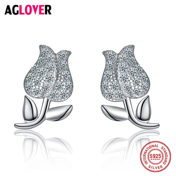 

Authentic 925 Sterling Silver Shimmering Rose Stud Earrings With Clear Crystal Zircon CZ For Women Jewelry Gift