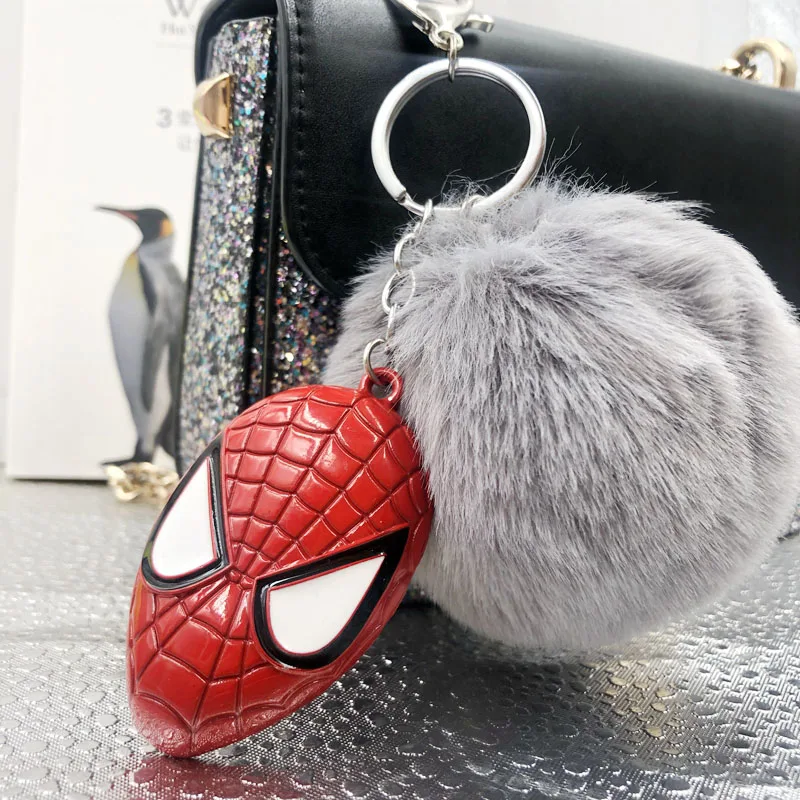 

Spiderman Helmet Keychain Pompom Avenger Key Chains Jewelry Fur Ball Key Chain Fluffy Pom Pom Keyring For Women Car Bag Key Ring