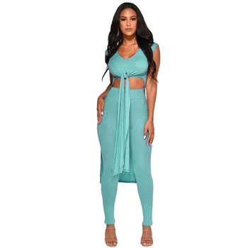 

2019 Knitting Sexy Two Piece Set Women V-Neck Crop Top And Summer Long Pant Women 2 Pieces Suits Sets