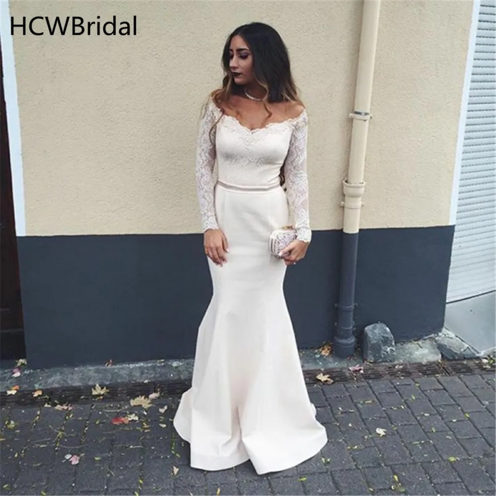 

Simple White Mermaid Long Sleeve Evening Dress Elastic Satin Lace Floor Length Cheap Prom Gowns 2019 New Wedding Party Dresses