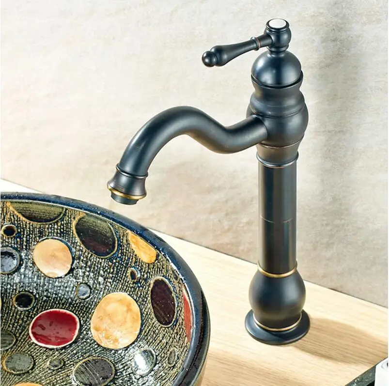 Online Kostenloser versand Antike bronze hohe kupfer bad becken wasserhahn einzigen handgriff heißen und kalten wasser Europäischen stil