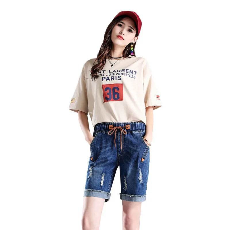 

High Waist Hole Elastic Waist Denim Shorts Female Summer New Korean Solid Color Loose Large Size 5XL Women Shorts Hot 2019 YH115