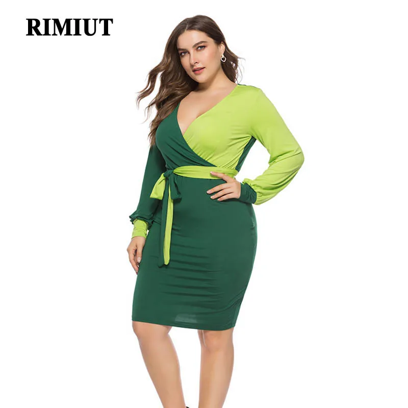 

Rimiut Winter Autumn Warm Dress V Neck Colorblock Lantern Long Sleeve With Belt Sexy Elegant Dress Party Dress