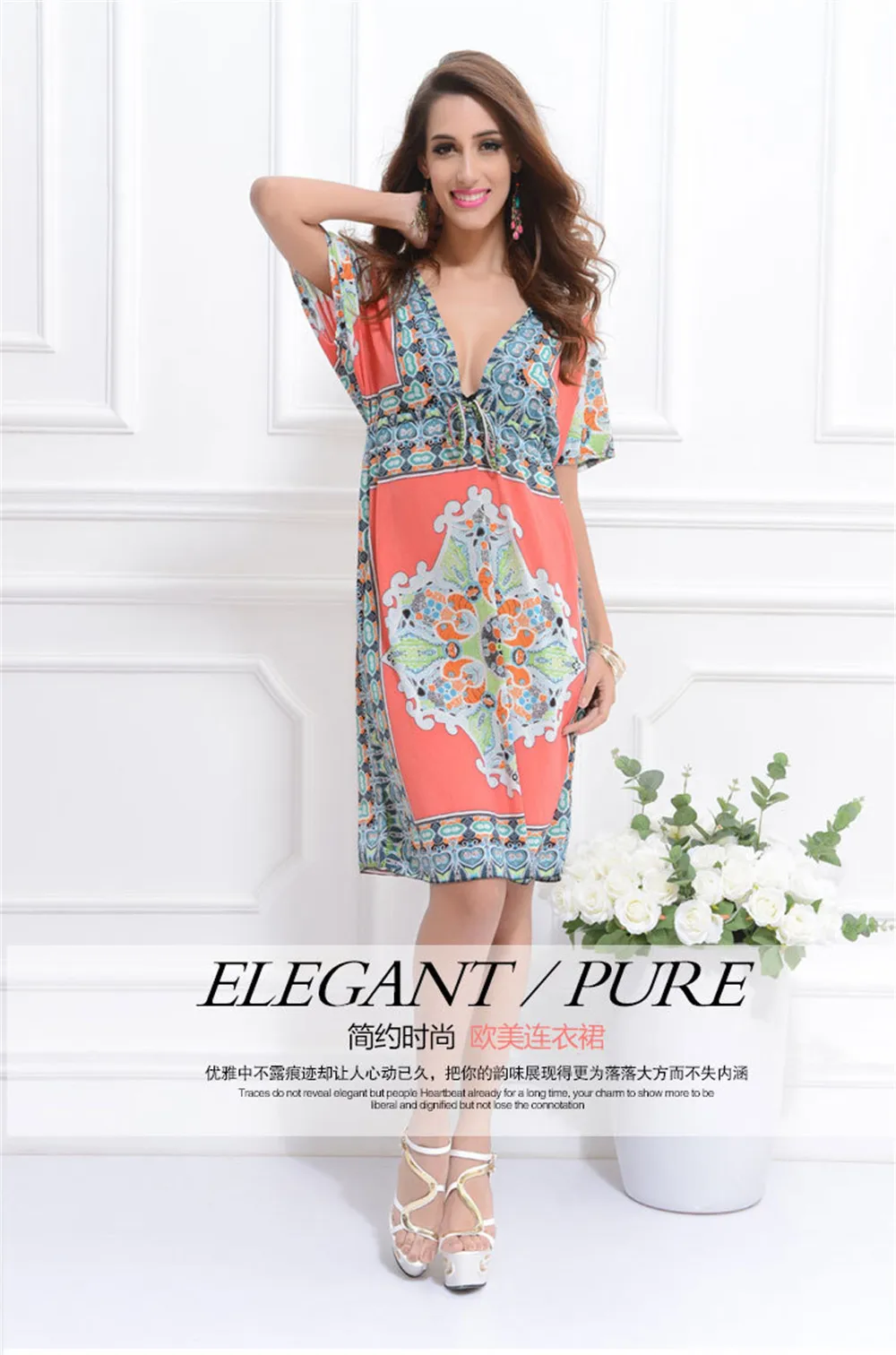 Deep V Neck Loose Dress 2017 Bohemia Summer Style Sexy Print Dress Boho Eleagnt Maxi Dresses Vestidos High Quality (3)
