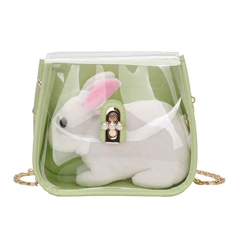 

Transparent transparent PVC shoulder bag lady cartoon rabbit bag lady jelly bag Pure color handbag A major female cross bag