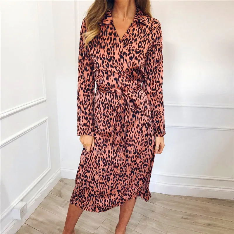 

Women Leopard Dress 2019 Sexy Bandage Party Long Dresses Vintage Long Sleeve Beach Chiffon Dress Sundress Vestidos de fiesta